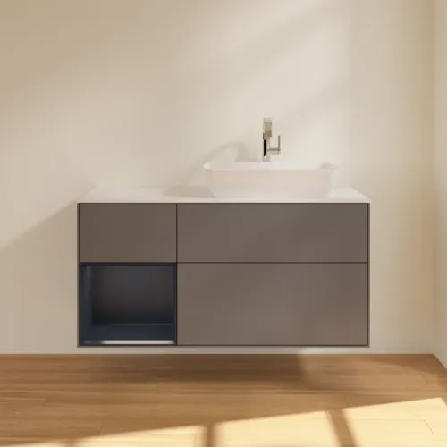 VILLEROY BOCH Toaletní skříňka Finion, s osvětlením, 3 výsuvy, 1200 x 603 x 501 mm, antracitový matný lak / půlnoční modrý matný lak / bílé matné sklo #F801HGGK, obrázek 3