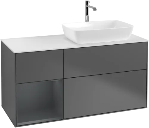 VILLEROY BOCH Toaletní skříňka Finion, s osvětlením, 3 výsuvy, 1200 x 603 x 501 mm, antracitový matný lak / půlnoční modrý matný lak / bílé matné sklo #F801HGGK, obrázek 1