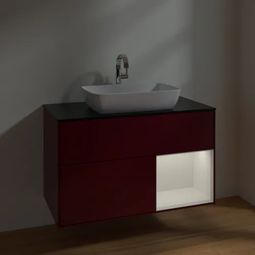 VILLEROY BOCH Toaletní skříňka Finion, s osvětlením, 2 výsuvy, 1000 x 603 x 501 mm, matný lak Peony / lesklý bílý lak / černé matné sklo #F782GFHB, obrázek 5