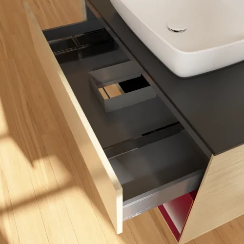 VILLEROY BOCH Toaletní stolek Finion, s osvětlením, 2 výsuvy, 1000 x 603 x 501 mm, dubová dýha / matný lak Pivoňka / matné černé sklo #F782HBPC, obrázek 8