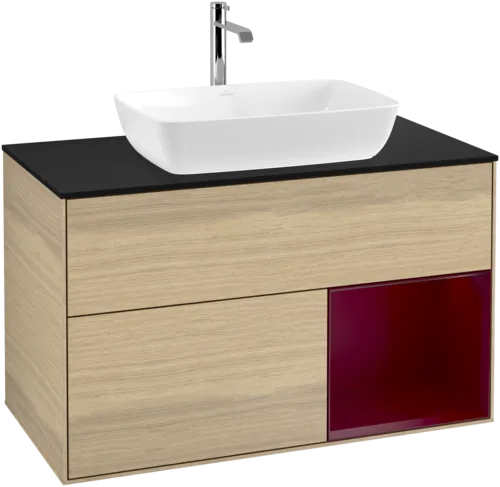 VILLEROY BOCH Toaletní stolek Finion, s osvětlením, 2 výsuvy, 1000 x 603 x 501 mm, dubová dýha / matný lak Pivoňka / matné černé sklo #F782HBPC, obrázek 1