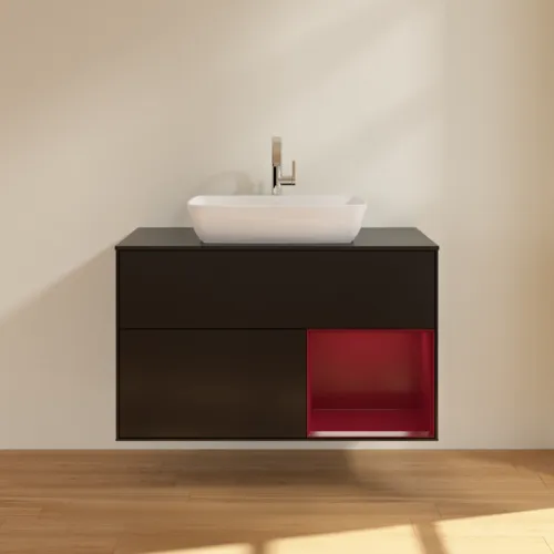 VILLEROY BOCH Toaletní skříňka Finion, s osvětlením, 2 výsuvy, 1000 x 603 x 501 mm, černý matný lak / pivoňkový matný lak / černé matné sklo #F782HBPD, obrázek 3