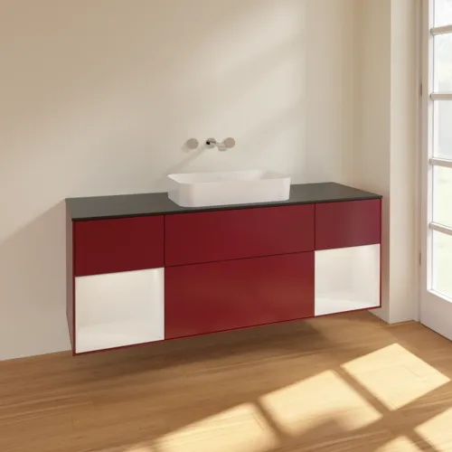 VILLEROY BOCH Toaletní skříňka Finion, s osvětlením, 4 výsuvy, 1600 x 603 x 501 mm, matný lak Peony / lesklý bílý lak / černé matné sklo #F742GFHB, obrázek 2