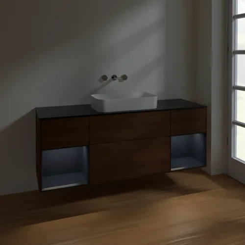 VILLEROY BOCH Toaletní skříňka Finion, s osvětlením, 4 výsuvy, 1600 x 603 x 501 mm, ořechová dýha / půlnočně modrý matný lak / černé matné sklo #F742HGGN, obrázek 5