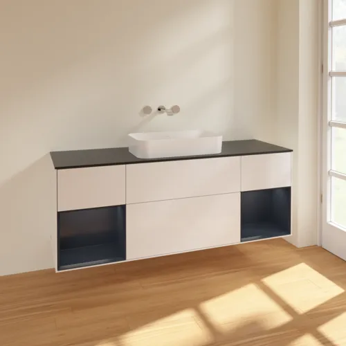 VILLEROY BOCH Toaletní skříňka Finion, s osvětlením, 4 výsuvy, 1600 x 603 x 501 mm, lesklý bílý lak / půlnoční modrý matný lak / černé matné sklo #F742HGGF, obrázek 2