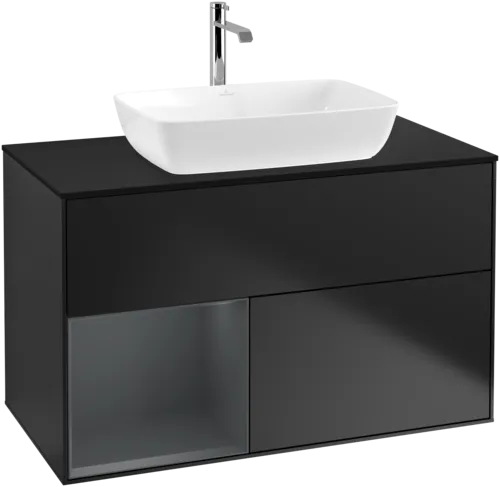 VILLEROY BOCH Toaletní skříňka Finion, s osvětlením, 2 výsuvy, 1000 x 603 x 501 mm, černý matný lak / půlnoční modrý matný lak / černé matné sklo #F772HGPD, obrázek 1