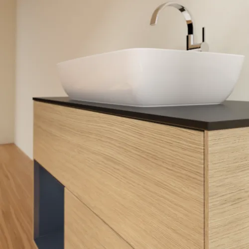 VILLEROY BOCH Toaletní skříňka Finion, s osvětlením, 2 výsuvy, 1000 x 603 x 501 mm, dubová dýha / půlnočně modrý matný lak / černé matné sklo #F772HGPC, obrázek 6