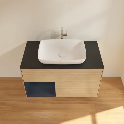 VILLEROY BOCH Toaletní skříňka Finion, s osvětlením, 2 výsuvy, 1000 x 603 x 501 mm, dubová dýha / půlnočně modrý matný lak / černé matné sklo #F772HGPC, obrázek 4