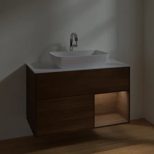 VILLEROY BOCH Toaletní stolek Finion, s osvětlením, 2 výsuvy, 1000 x 603 x 501 mm, ořechová dýha / ořechová dýha / sklo bílé matné #F781GNGN, obrázek 5