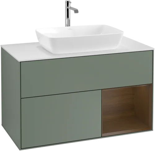 VILLEROY BOCH Toaletní skříňka Finion, s osvětlením, 2 výsuvy, 1000 x 603 x 501 mm, olivový matný lak / ořechová dýha / sklo bílé matné #F781GNGM