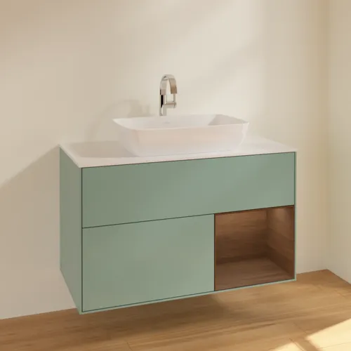 VILLEROY BOCH Toaletní skříňka Finion, s osvětlením, 2 výsuvy, 1000 x 603 x 501 mm, olivový matný lak / ořechová dýha / sklo bílé matné #F781GNGM, obrázek 2
