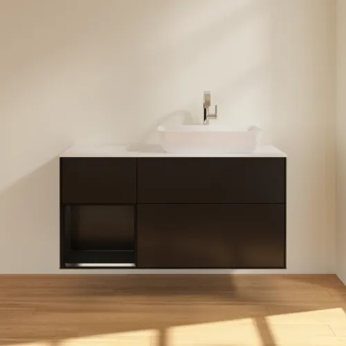 VILLEROY BOCH Toaletní skříňka Finion, s osvětlením, 3 výsuvy, 1200 x 603 x 501 mm, černý matný lak / černý matný lak / sklo bílé matné #F801PDPD, obrázek 3