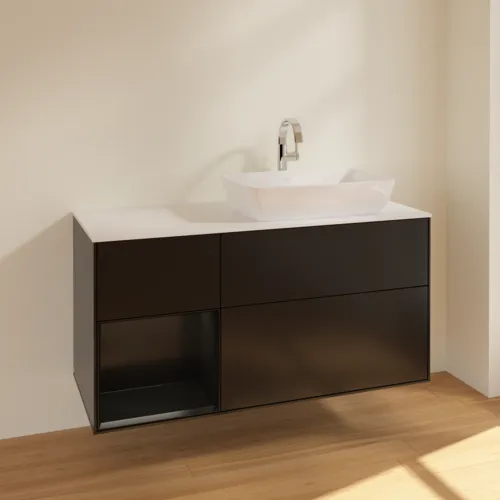 VILLEROY BOCH Toaletní skříňka Finion, s osvětlením, 3 výsuvy, 1200 x 603 x 501 mm, černý matný lak / černý matný lak / sklo bílé matné #F801PDPD, obrázek 2