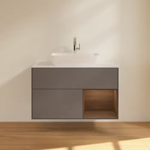VILLEROY BOCH Toaletní skříňka Finion, s osvětlením, 2 výsuvy, 1000 x 603 x 501 mm, antracit matný lak / ořechová dýha / sklo bílé matné #F781GNGK, obrázek 3