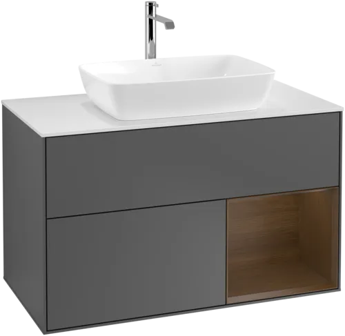 VILLEROY BOCH Toaletní skříňka Finion, s osvětlením, 2 výsuvy, 1000 x 603 x 501 mm, antracit matný lak / ořechová dýha / sklo bílé matné #F781GNGK, obrázek 1