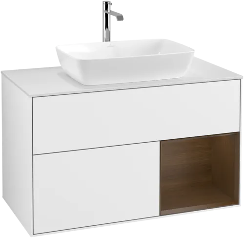 VILLEROY BOCH Toaletní skříňka Finion, s osvětlením, 2 výsuvy, 1000 x 603 x 501 mm, lesklý bílý lak / ořechová dýha / sklo bílé matné #F781GNGF, obrázek 1