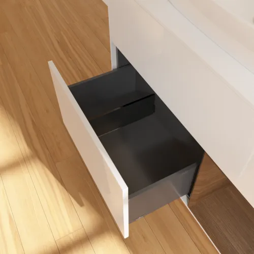 VILLEROY BOCH Toaletní skříňka Finion, s osvětlením, 2 výsuvy, 1000 x 603 x 501 mm, lesklý bílý lak / ořechová dýha / sklo bílé matné #F781GNGF, obrázek 7
