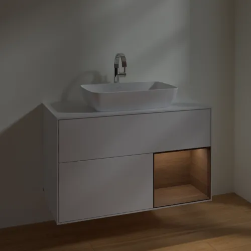 VILLEROY BOCH Toaletní skříňka Finion, s osvětlením, 2 výsuvy, 1000 x 603 x 501 mm, lesklý bílý lak / ořechová dýha / sklo bílé matné #F781GNGF, obrázek 5