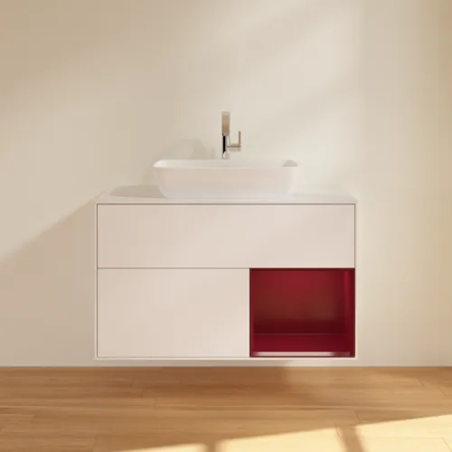 VILLEROY BOCH Toaletní skříňka Finion, s osvětlením, 2 výsuvy, 1000 x 603 x 501 mm, bílý matný lak / pivoňkový matný lak / bílé matné sklo #F781HBMT, obrázek 3