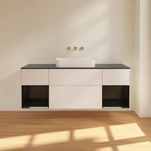 VILLEROY BOCH Toaletní skříňka Finion, s osvětlením, 4 výsuvy, 1600 x 603 x 501 mm, lesklý bílý lak / černý matný lak / černé matné sklo #F742PDGF, obrázek 3