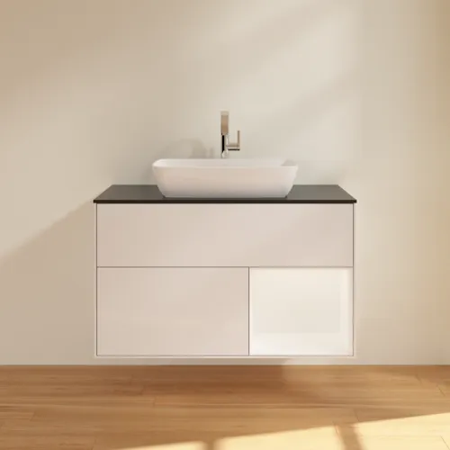 VILLEROY BOCH Umyvadlová skříňka Finion, s osvětlením, 2 výsuvy, 1000 x 603 x 501 mm, lesklý bílý lak / bílý matný lak / černé matné sklo #F782MTGF, obrázek 3