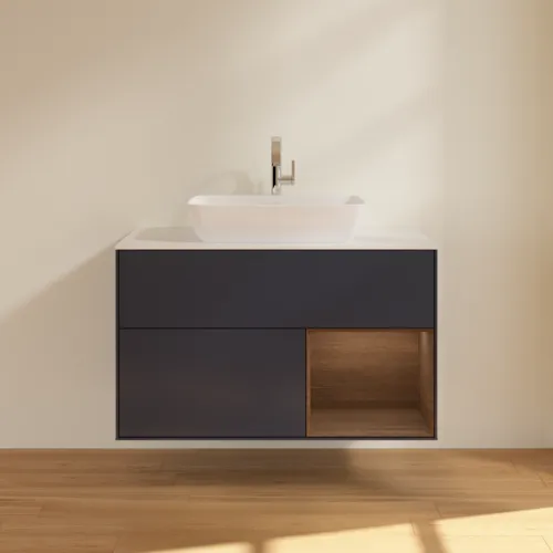 VILLEROY BOCH Toaletní skříňka Finion, s osvětlením, 2 výsuvy, 1000 x 603 x 501 mm, půlnočně modrý matný lak / ořechová dýha / bílé matné sklo #F781GNHG, obrázek 3