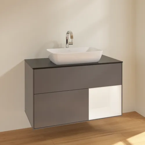 VILLEROY BOCH Toaletní skříňka Finion, s osvětlením, 2 výsuvy, 1000 x 603 x 501 mm, antracitový matný lak / bílý matný lak / černé matné sklo #F782MTGK, obrázek 2