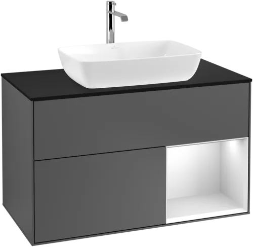 VILLEROY BOCH Toaletní skříňka Finion, s osvětlením, 2 výsuvy, 1000 x 603 x 501 mm, antracitový matný lak / bílý matný lak / černé matné sklo #F782MTGK
