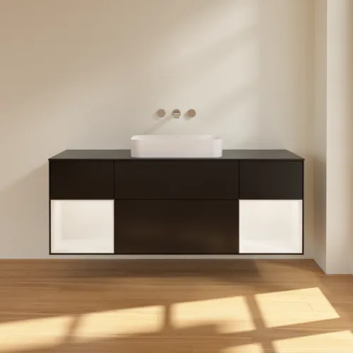 VILLEROY BOCH Toaletní skříňka Finion, s osvětlením, 4 výsuvy, 1600 x 603 x 501 mm, černý matný lak / bílý matný lak / černé matné sklo #F742MTPD, obrázek 3