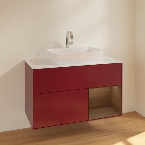 VILLEROY BOCH Toaletní skříňka Finion, s osvětlením, 2 výsuvy, 1000 x 603 x 501 mm, matný lak Peony / ořechová dýha / bílé matné sklo #F781GNHB, obrázek 2