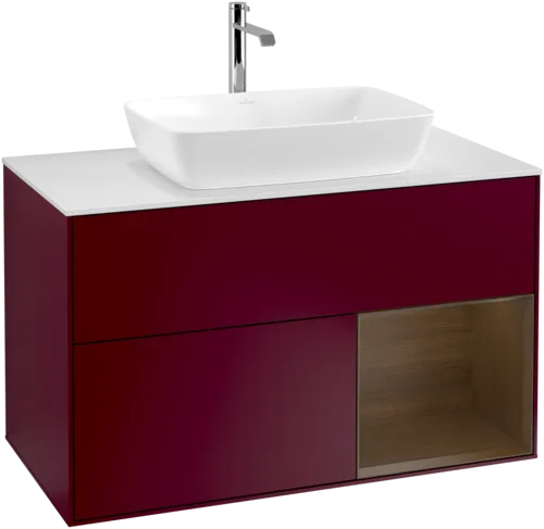 VILLEROY BOCH Toaletní skříňka Finion, s osvětlením, 2 výsuvy, 1000 x 603 x 501 mm, matný lak Peony / ořechová dýha / bílé matné sklo #F781GNHB, obrázek 1