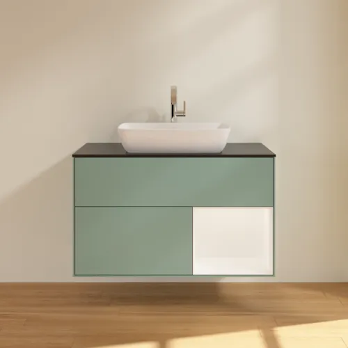 VILLEROY BOCH Toaletní skříňka Finion, s osvětlením, 2 výsuvy, 1000 x 603 x 501 mm, olivový matný lak / bílý matný lak / černé matné sklo #F782MTGM, obrázek 3