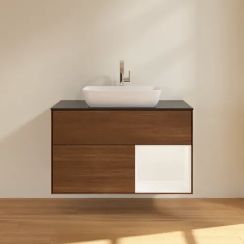 VILLEROY BOCH Toaletní skříňka Finion, s osvětlením, 2 výsuvy, 1000 x 603 x 501 mm, ořechová dýha / bílý matný lak / černé matné sklo #F782MTGN, obrázek 3