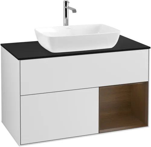 VILLEROY BOCH Toaletní skříňka Finion, s osvětlením, 2 výsuvy, 1000 x 603 x 501 mm, bílý matný lak / ořechová dýha / černé matné sklo #F782GNMT, obrázek 1