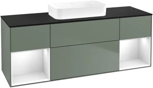 VILLEROY BOCH Toaletní skříňka Finion, s osvětlením, 4 výsuvy, 1600 x 603 x 501 mm, olivový matný lak / lesklý bílý lak / sklo černé matné #F742GFGM