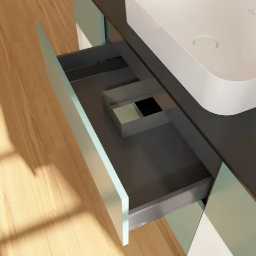 VILLEROY BOCH Toaletní skříňka Finion, s osvětlením, 4 výsuvy, 1600 x 603 x 501 mm, olivový matný lak / lesklý bílý lak / sklo černé matné #F742GFGM, obrázek 8