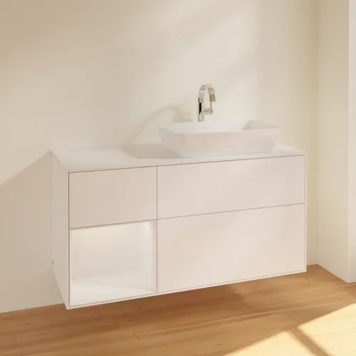 VILLEROY BOCH Umyvadlová skříňka Finion, s osvětlením, 3 výsuvy, 1200 x 603 x 501 mm, bílý matný lak / bílý lesklý lak / bílé matné sklo #F801GFMT, obrázek 2