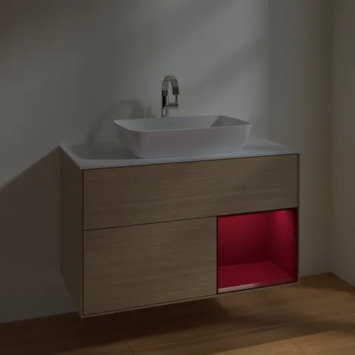 VILLEROY BOCH Toaletní stolek Finion, s osvětlením, 2 výsuvy, 1000 x 603 x 501 mm, dubová dýha / matný lak Pivoňka / matné bílé sklo #F781HBPC, obrázek 5