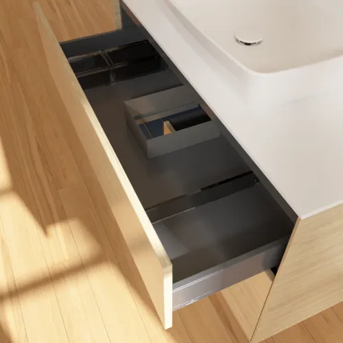 VILLEROY BOCH Toaletní skříňka Finion, s osvětlením, 2 výsuvy, 1000 x 603 x 501 mm, dubová dýha / půlnočně modrý matný lak / bílé matné sklo #F771HGPC, obrázek 8