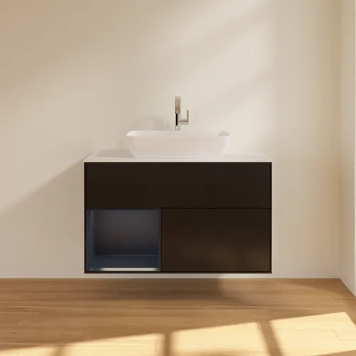 VILLEROY BOCH Toaletní skříňka Finion, s osvětlením, 2 výsuvy, 1000 x 603 x 501 mm, černý matný lak / půlnoční modrý matný lak / bílé matné sklo #F771HGPD, obrázek 3