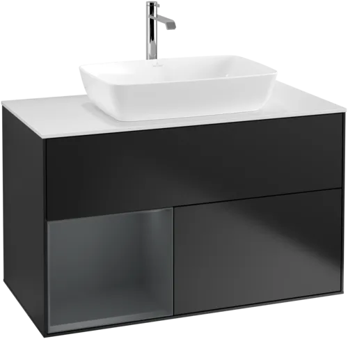 VILLEROY BOCH Toaletní skříňka Finion, s osvětlením, 2 výsuvy, 1000 x 603 x 501 mm, černý matný lak / půlnoční modrý matný lak / bílé matné sklo #F771HGPD, obrázek 1