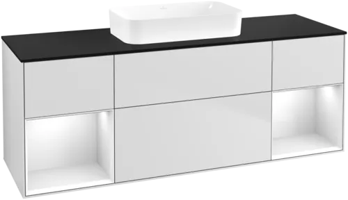 VILLEROY BOCH Toaletní skříňka Finion, s osvětlením, 4 výsuvy, 1600 x 603 x 501 mm, bílý matný lak / bílý lesklý lak / černé matné sklo #F742GFMT