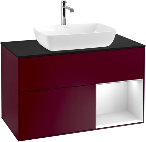 VILLEROY BOCH Toaletní skříňka Finion, s osvětlením, 2 výsuvy, 1000 x 603 x 501 mm, Pivoňka matný lak / Bílý matný lak / Sklo černé matné #F782MTHB, obrázek 1