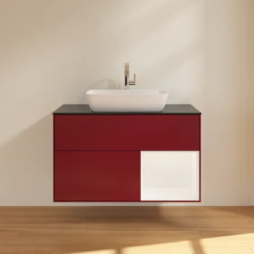 VILLEROY BOCH Toaletní skříňka Finion, s osvětlením, 2 výsuvy, 1000 x 603 x 501 mm, Pivoňka matný lak / Bílý matný lak / Sklo černé matné #F782MTHB, obrázek 3
