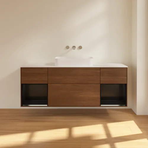 VILLEROY BOCH Toaletní skříňka Finion, s osvětlením, 4 výsuvy, 1600 x 603 x 501 mm, ořechová dýha / černý matný lak / sklo bílé matné #F741PDGN, obrázek 3
