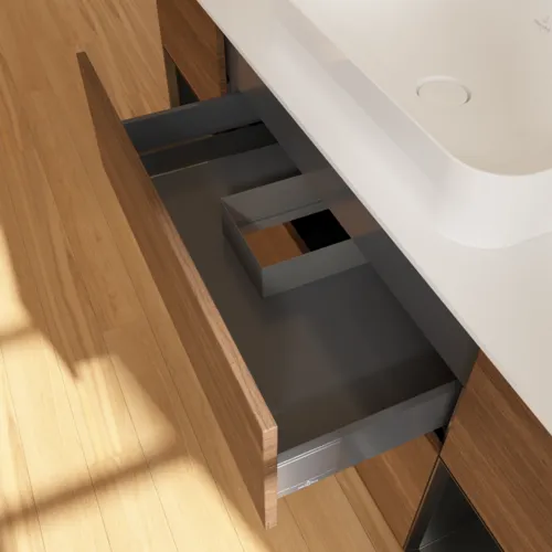 VILLEROY BOCH Toaletní skříňka Finion, s osvětlením, 4 výsuvy, 1600 x 603 x 501 mm, ořechová dýha / černý matný lak / sklo bílé matné #F741PDGN, obrázek 8
