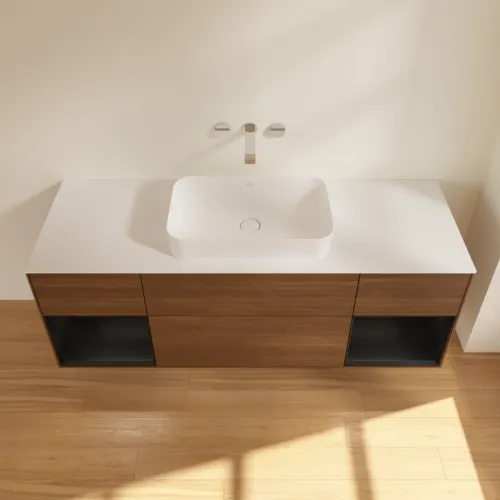 VILLEROY BOCH Toaletní skříňka Finion, s osvětlením, 4 výsuvy, 1600 x 603 x 501 mm, ořechová dýha / černý matný lak / sklo bílé matné #F741PDGN, obrázek 4
