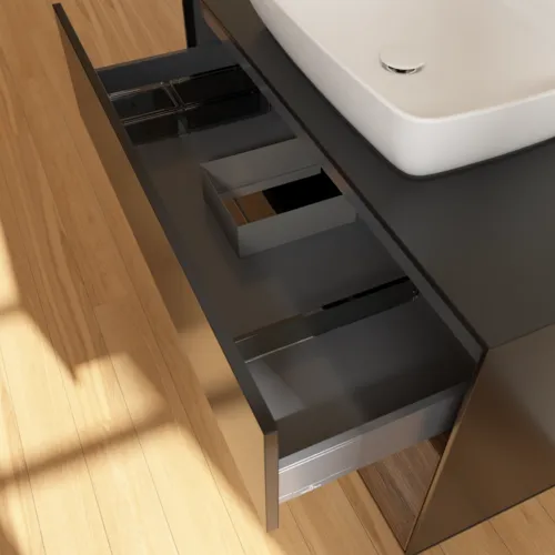 VILLEROY BOCH Toaletní skříňka Finion, s osvětlením, 2 výsuvy, 1000 x 603 x 501 mm, černý matný lak / ořechová dýha / černé matné sklo #F782GNPD, obrázek 8