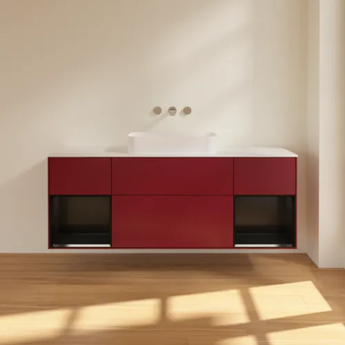 VILLEROY BOCH Toaletní skříňka Finion, s osvětlením, 4 výsuvy, 1600 x 603 x 501 mm, Pivoňka matný lak / Černý matný lak / Sklo bílé matné #F741PDHB, obrázek 3