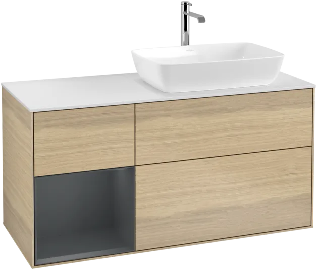 VILLEROY BOCH Toaletní skříňka Finion, s osvětlením, 3 výsuvy, 1200 x 603 x 501 mm, dubová dýha / půlnočně modrý matný lak / bílé matné sklo #F801HGPC